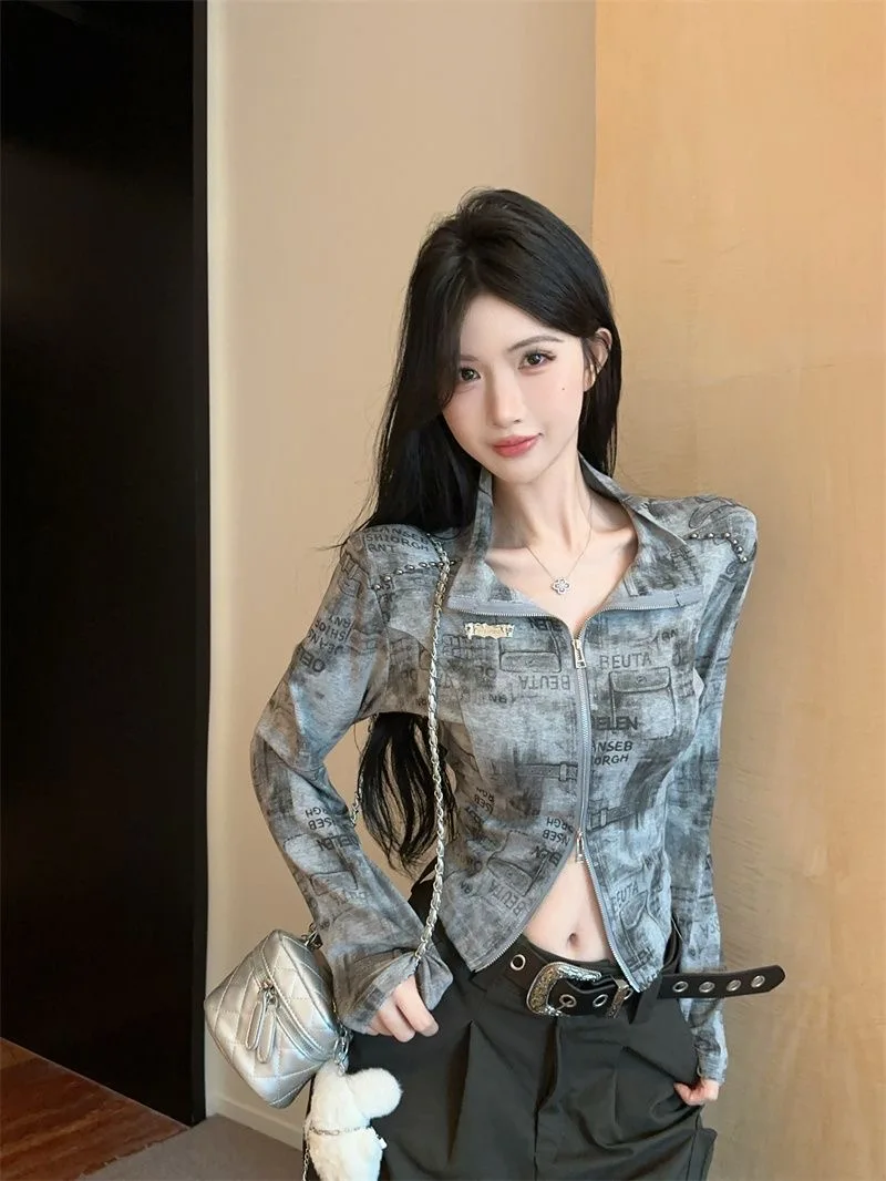 Real shot 2025 Women's American Y2K Vintage Streetwear Tie - dye Chic Zipper Cardigan, Stand Collar, Edgy Rivets Patch, Slim Cro