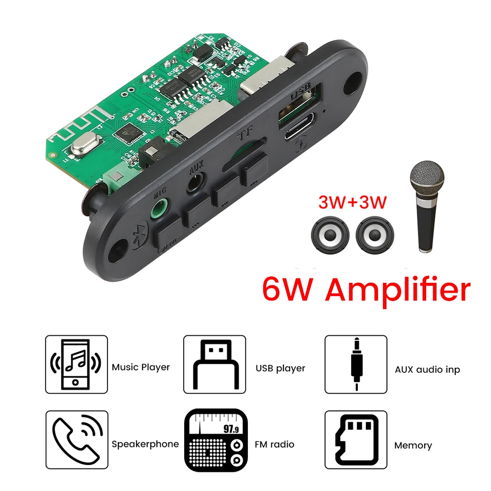 6W MP3 Decoder Board 5V 2x3W Amplifier Bluetooth 5.0 MP3 Player Car FM Radio Module Call Recording TF AUX WMA WAV FLAC APE