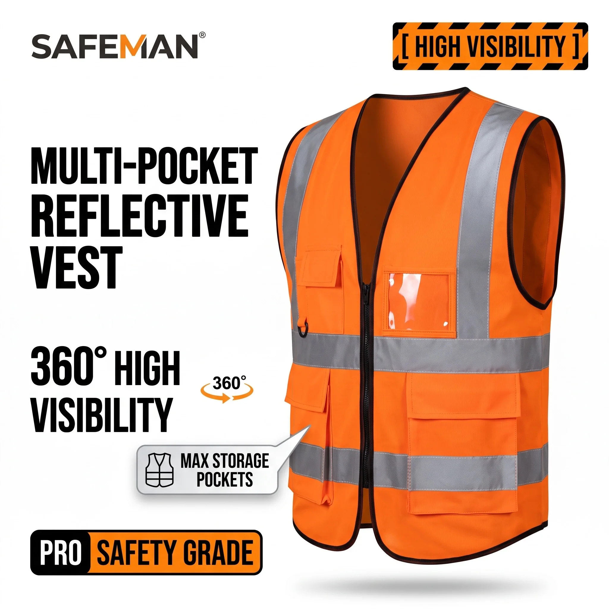 SAFEMAN High Visibility Safety Vest Hi Vis Vests Reflective Workwear Multi Pocket Utility Work Vest Security Construction Guard