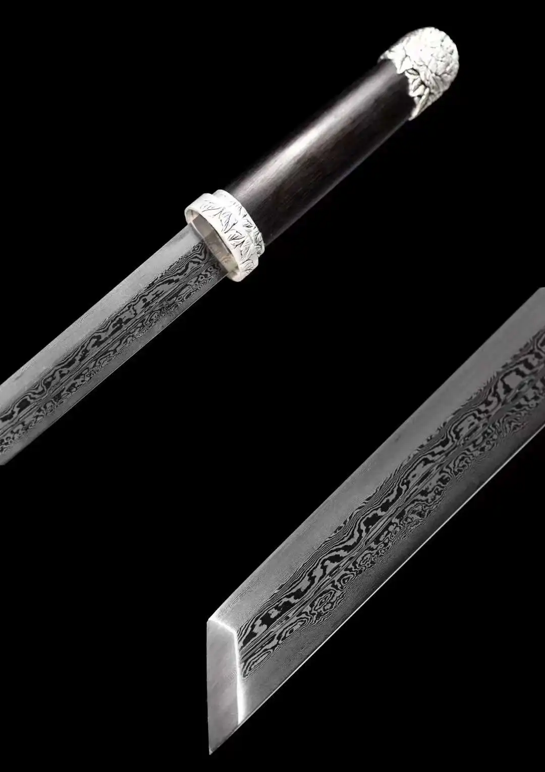 Handforged Short Chinese Peony Horizontal Kungfu Sword, Real Damascus Pattern Steel Blade, Top Quality Ebony Sheath, Unsharp