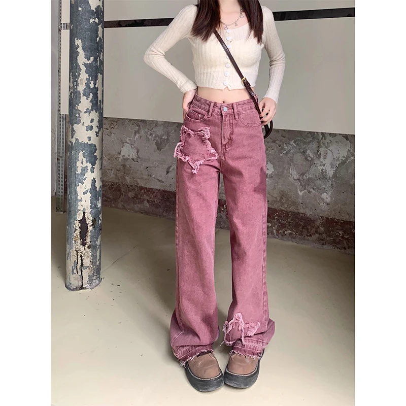 

2024 New Pink Star Straight Leg 2000S Jeans Women's Summer Design Feel Y2K Loose And Slim Wide Leg Fashion And Leisure Pants