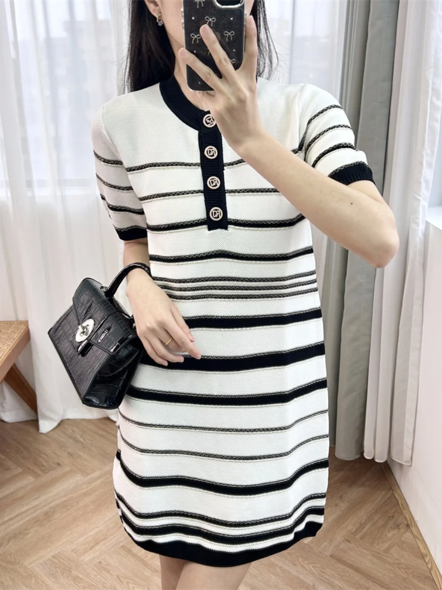 Large Women's Dress Loose Knitted 2024 Summer New Black and White Horizontal Stripe Short Skirt Round Neck Casual