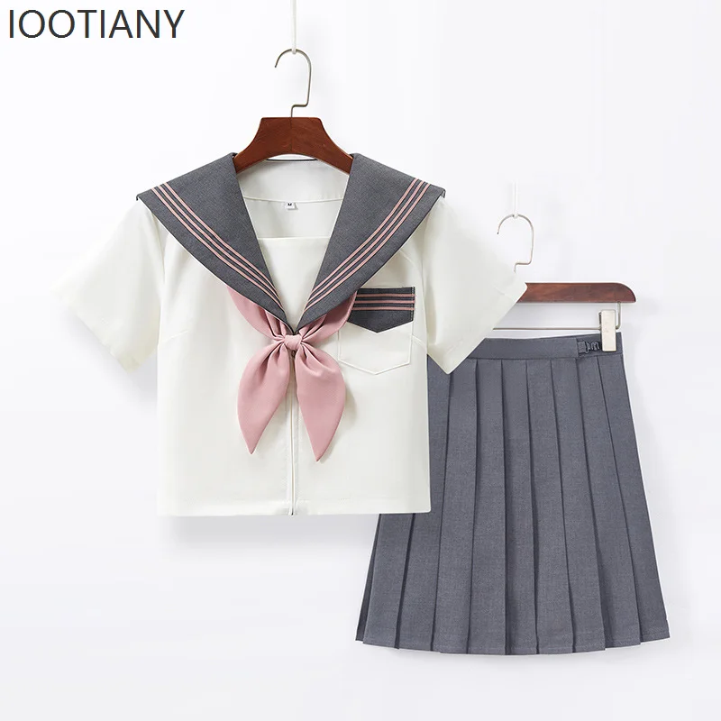 IOOTIANY Japanese Embroidery New Gray Jk Uniform Sailor Suit College Style Long Sleeve College Style Pleated Skirt Sweet Suit