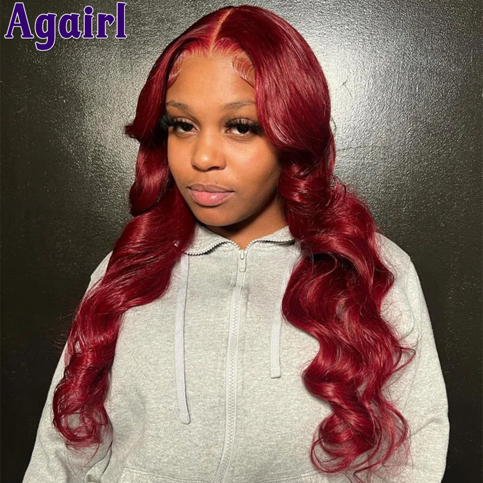 Perruque Lace Front Wig sans colle naturelle ondulée, cheveux humains, bordeaux, brun roux, 13x6, 13x4, pre-plucked, Body Wave