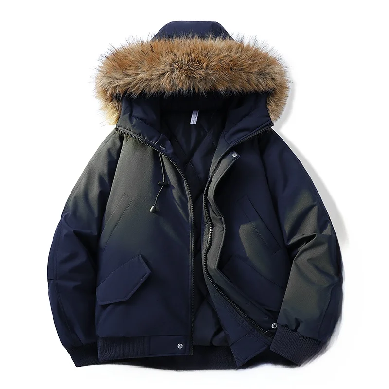 

Men's Thiened Winter Cotton Jaet Casual Hooded Zipper Cold-resistant Outerwear Pure Color American Retro Fur Collar