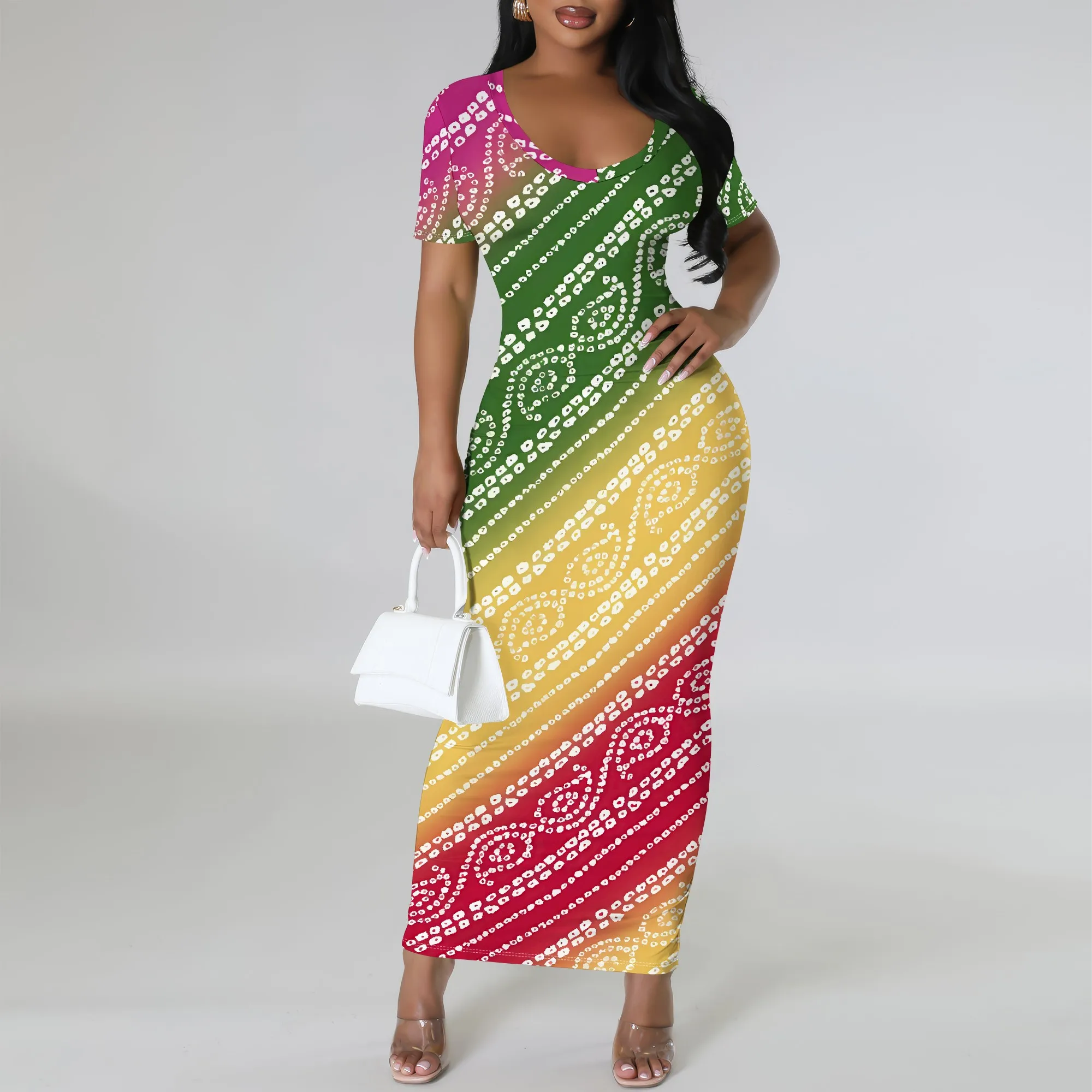 

Nupusa Rainbow Pattern Print Dress for Women Standard Size Summer Casual Scoop Neck Short Sleeve Maxi Dress
