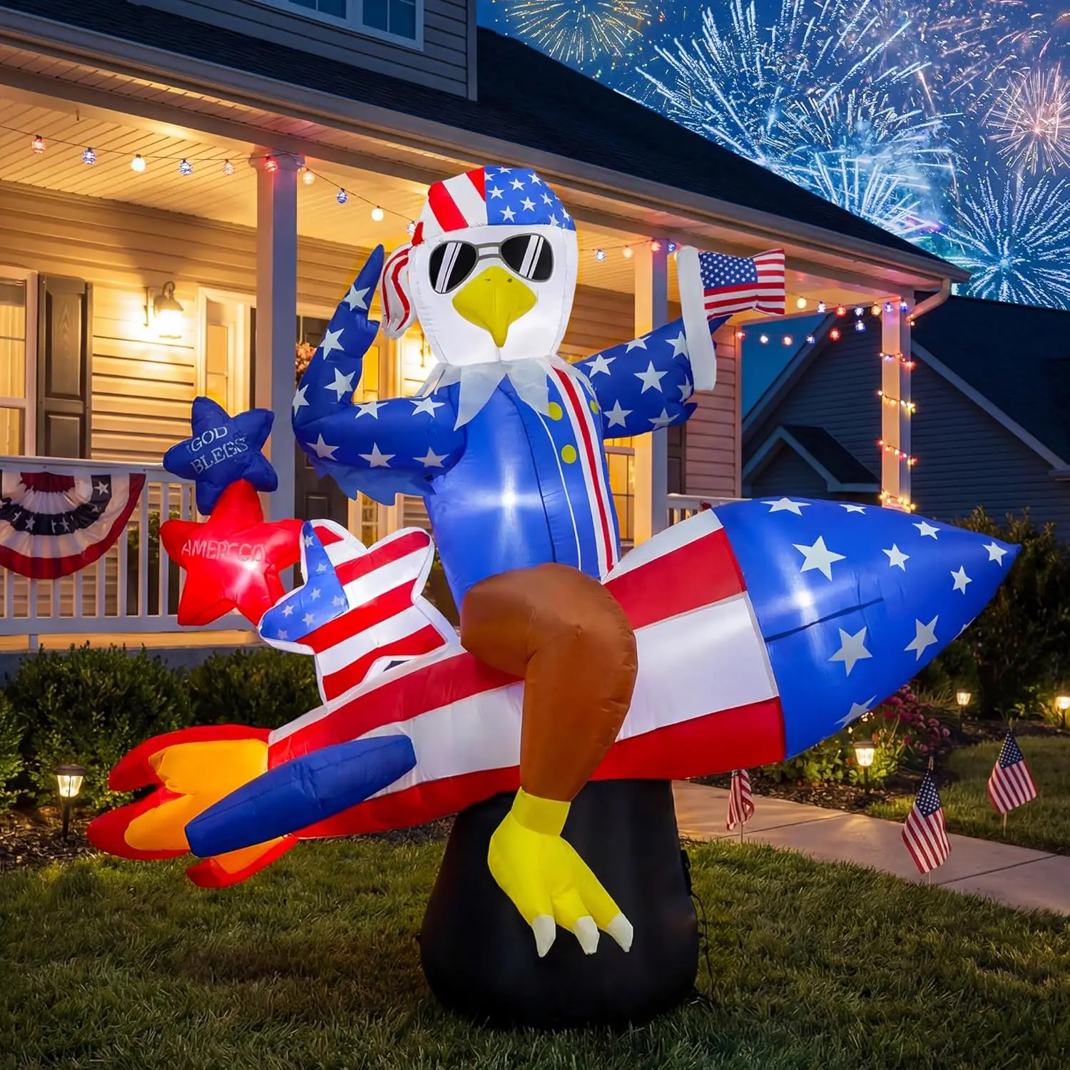

6ft Patriotic Inflatable American Eagle on Rocket with Stars LED Lighted Decor for 4th of July Home Yard Outdoor Indoor