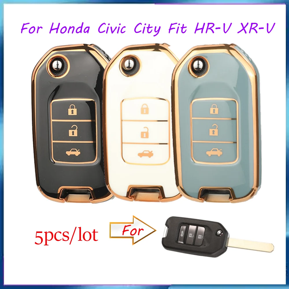 Jingyuqin New 5pcs 3buttons Soft TPU Car Key Shell Case Fob For Honda Civic City Fit HR-V XR-V Folding Flip Auto Cover