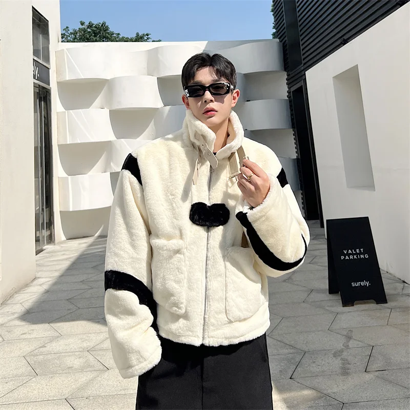 Lamb Cotton Jaet Men's Trendy Brand Color Blo Design Winter Thiened ort Sle Fce Lined Wool Lamb Small Cotton Coat