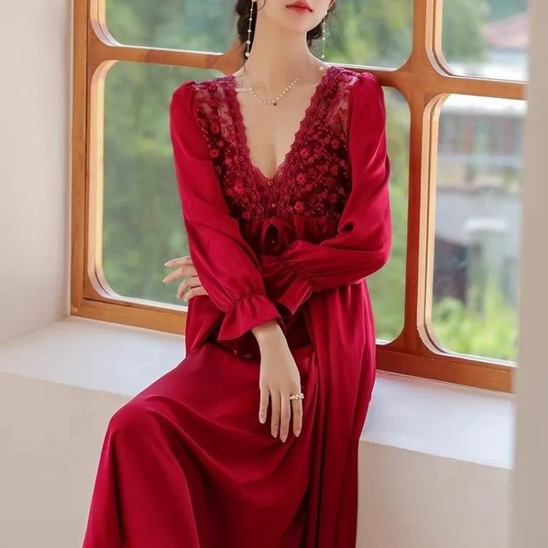 2024 Latest French Bridal Lingerie Sexy Lace Nightdress Ladies Red Sleepwear Deep V Neck Hollow Pyjamas Long Backless Pajamas