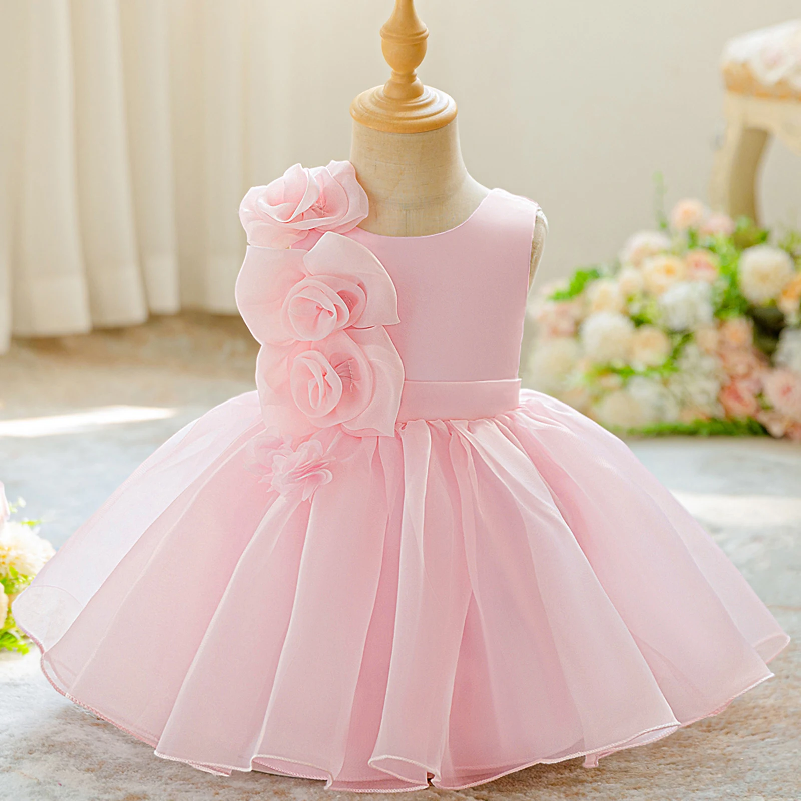 

Little Girls Birthday Princess Dress Solid Color Sleeveless O Neck 3D Flower Decor A-line Ball Gown