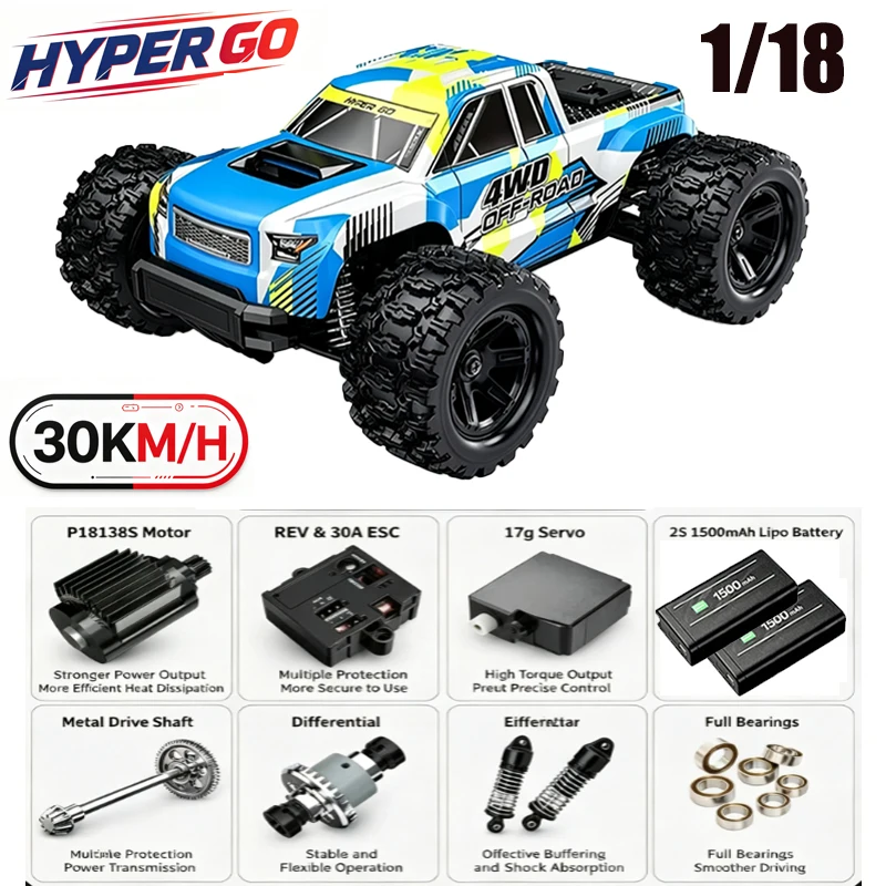 Радиоуправляемая машинка MJX HYPER GO 1:18 Mini Monster 18208, высокоскоростной монстр-трак, внедорожник с двойным корпусом, игрушка для мальчиков, RTR