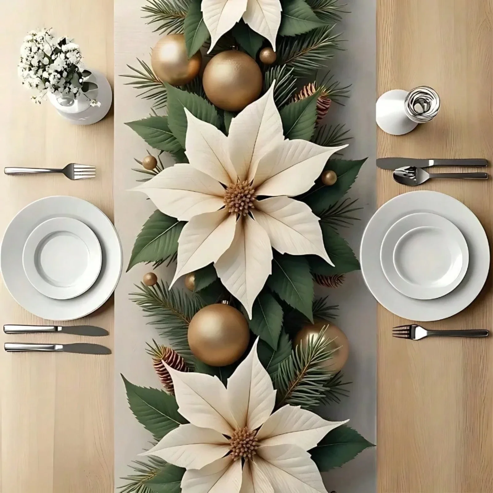 Christmas Table Runner White Ivy Gold Ornaments Pine Cones And Pine Needles Holiday Indoor Outdoor Home Party