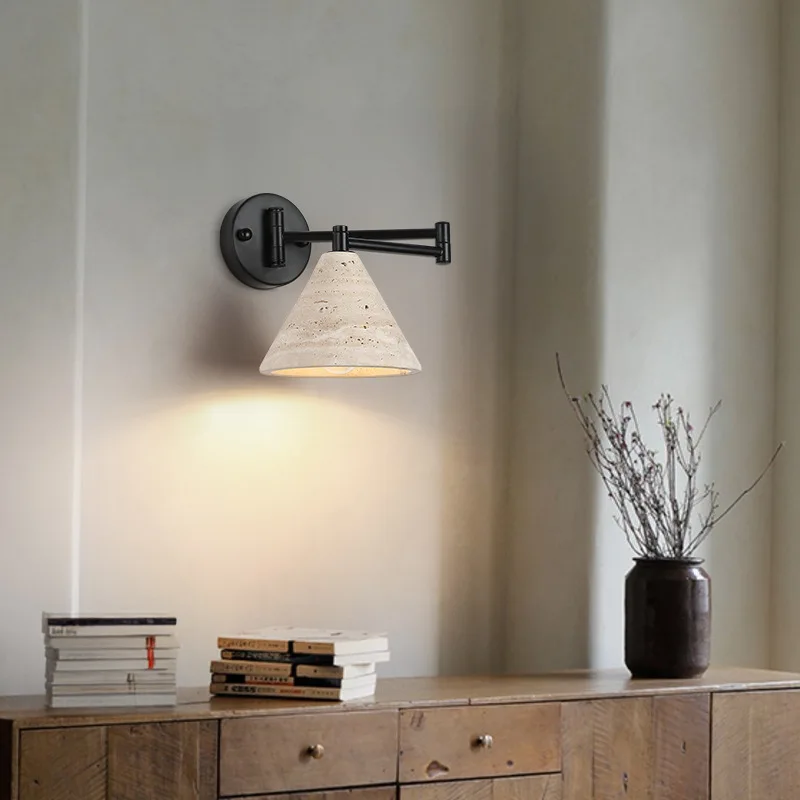 LED Yellow Cave Stone Rocker Arm Wall Lamp Retro Wabi Sabi Style Home Lighting Fixture for Living Room Bedroom Bedside Study