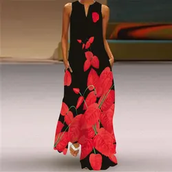 Women'S Loose Dress Summer Fashion V-Neck Pocket Dress Women'S Elegant Sleeveless Evening Dress Hawaii Vacation Casual Dress