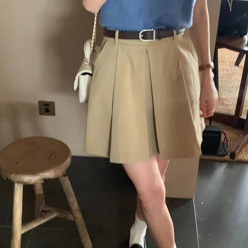 Khaki Color Women's High Waist A-Line  Skirt Slimming Pleated Short Skirts Summer New Style Versatile Pure Color Skirts