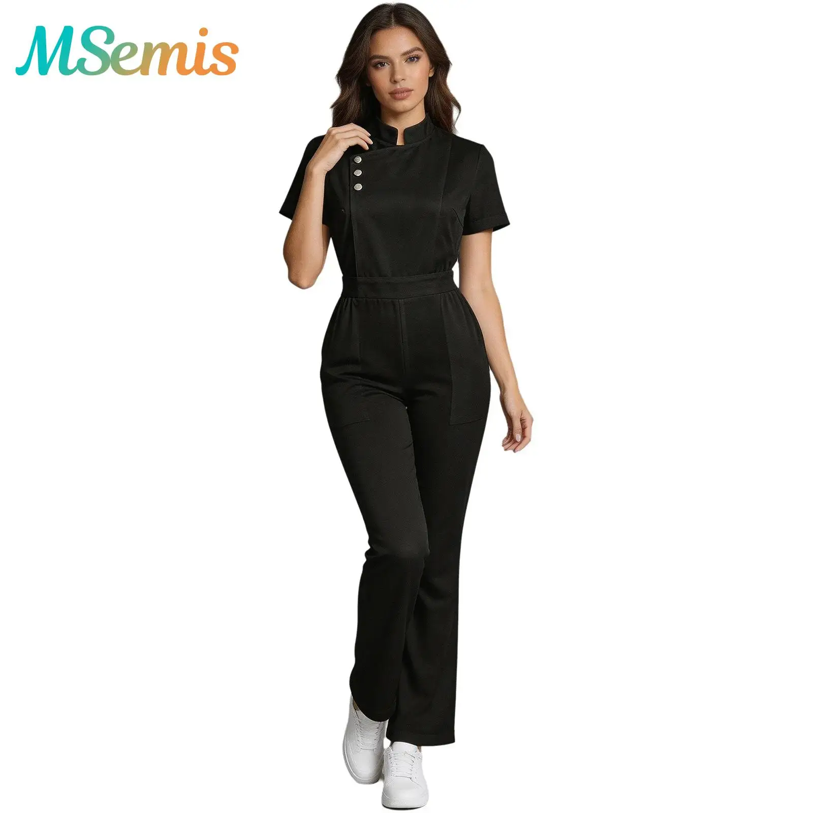 Women Medical Scrub Jumpsuit with Pockets Stand Collar Side Buttons Short Sleeve Flare Nurse Beauty Salon Uniform Workwear
