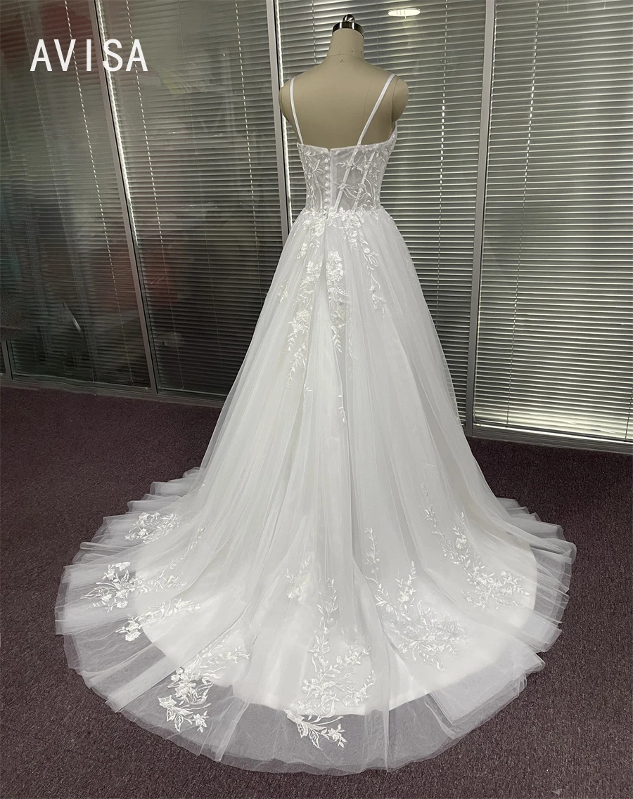 Vestido De Novia Sexy con tirantes finos, traje De tul sin mangas, escote en V, tren De barrido