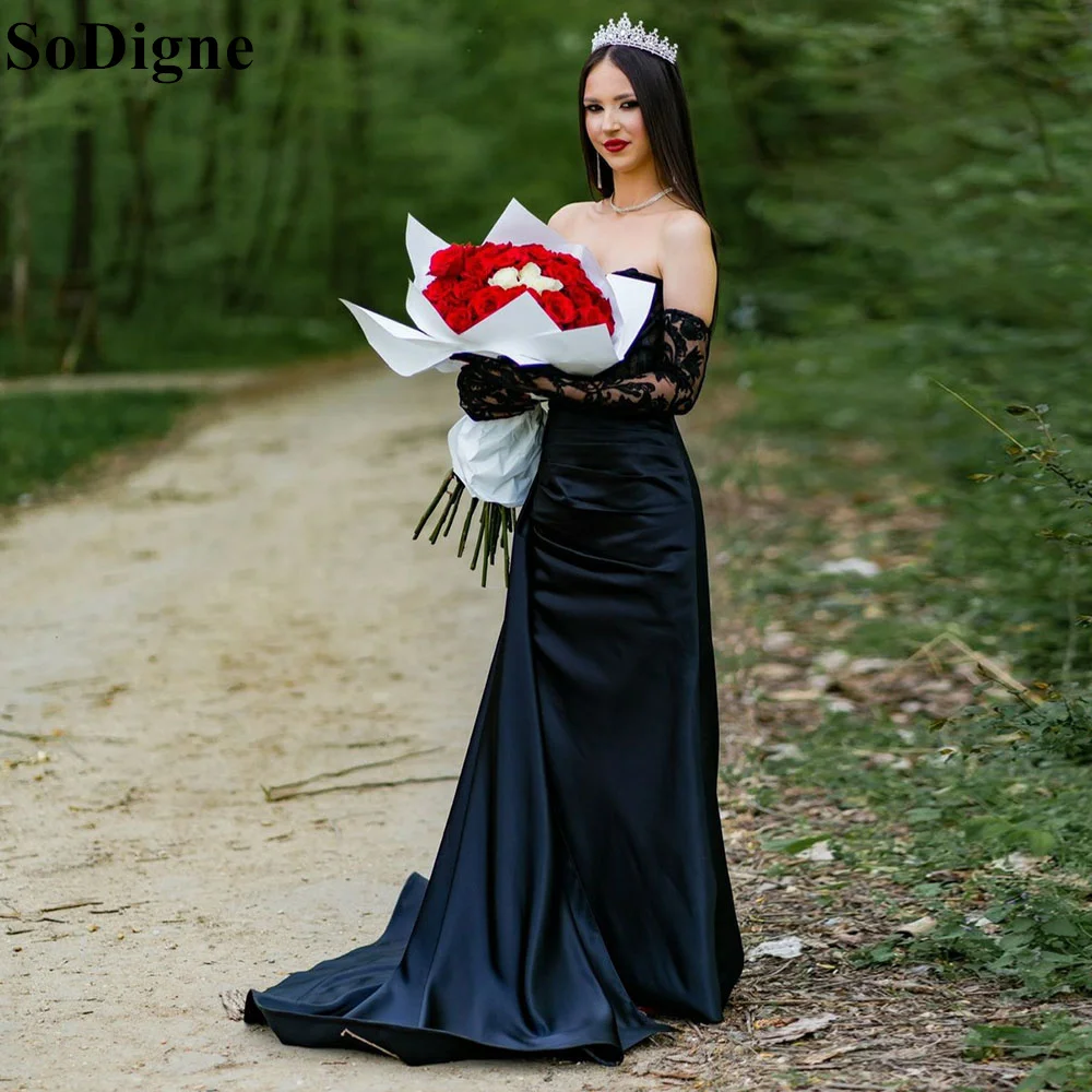 

SoDigne Elegant Strapless Satin Mermaid Prom Dresses Lace 2024 Masquerade Pleated Modern Formal Evening Party Gown for Women