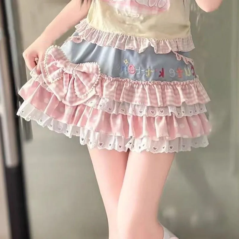

Japan Kawaii Lolita Girl Skirt Cake Y2k JK Sweet Cotton Bow Lace Spliced Ruffled A-line Mini Skirt Cute Cross-dressing COS Skirt