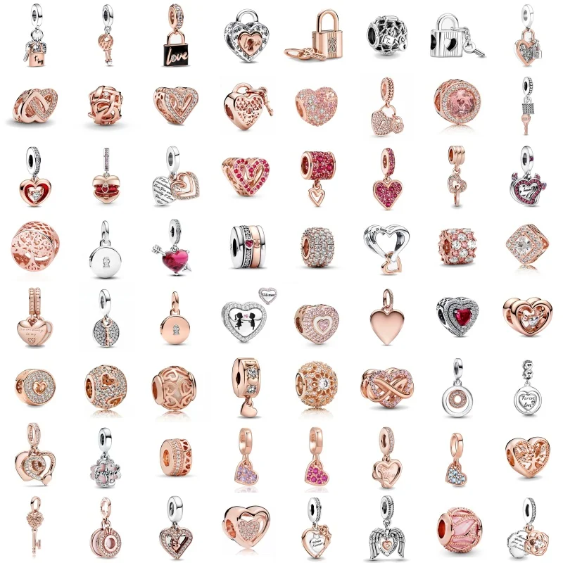 New Sparkling rose gold Charm Padlock Heart Key Pendant Bead Fit Original Pandora Bracelet Necklace Jewelry 925 Sterling Silver