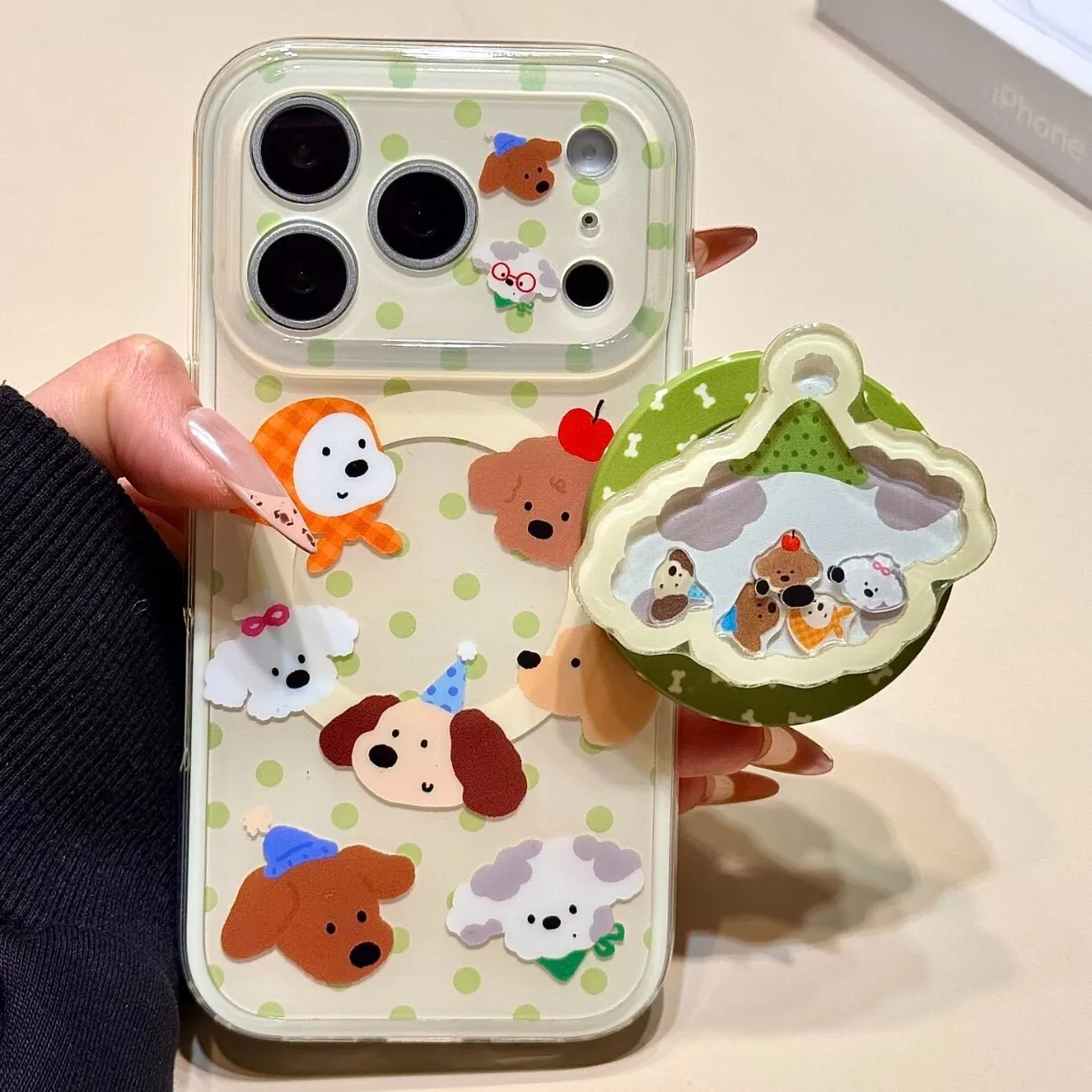 

Korea Cute Cartoon Dog Quicksand Clover for Magsafe Griptok Holder Phone Finger Ring Stand Support for iPhone 17 Girl Bracket