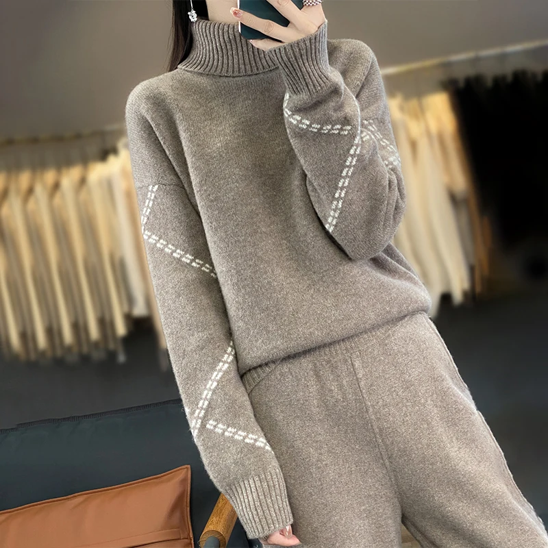 Women Suits 100% Wool Knitting Pant Ladies Sweater+Wide Leg Pants Autumn Winter Solid Color Soft Warm Pullovers for Female YP01