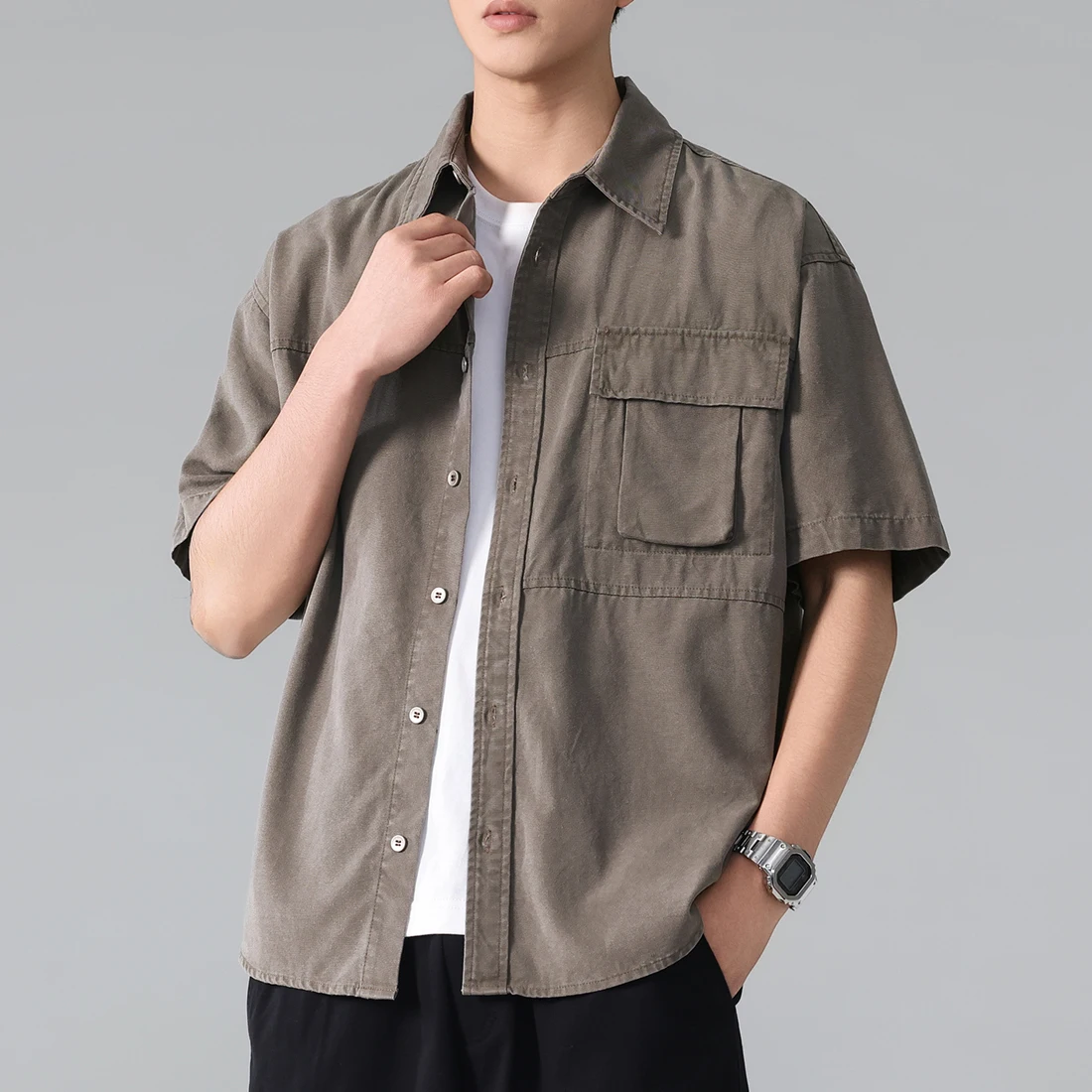 American Fashion Washed Retro Short Sleeve Cargo Shirt Men Summer Streetwear Vintage Loose Casual Work Shirts Tops