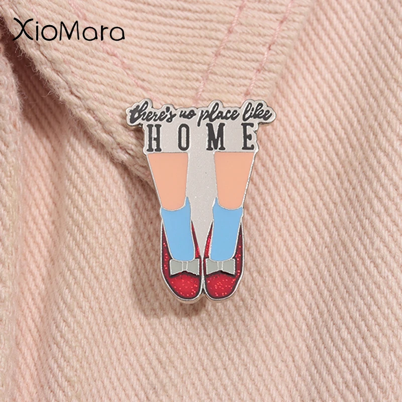 Theres No Place Like Home Glitter Red Shoes Enamel Pin Magic Fantasy Movie Metal Brooch Lapel Badge Jewelry Gift For Kids Friend