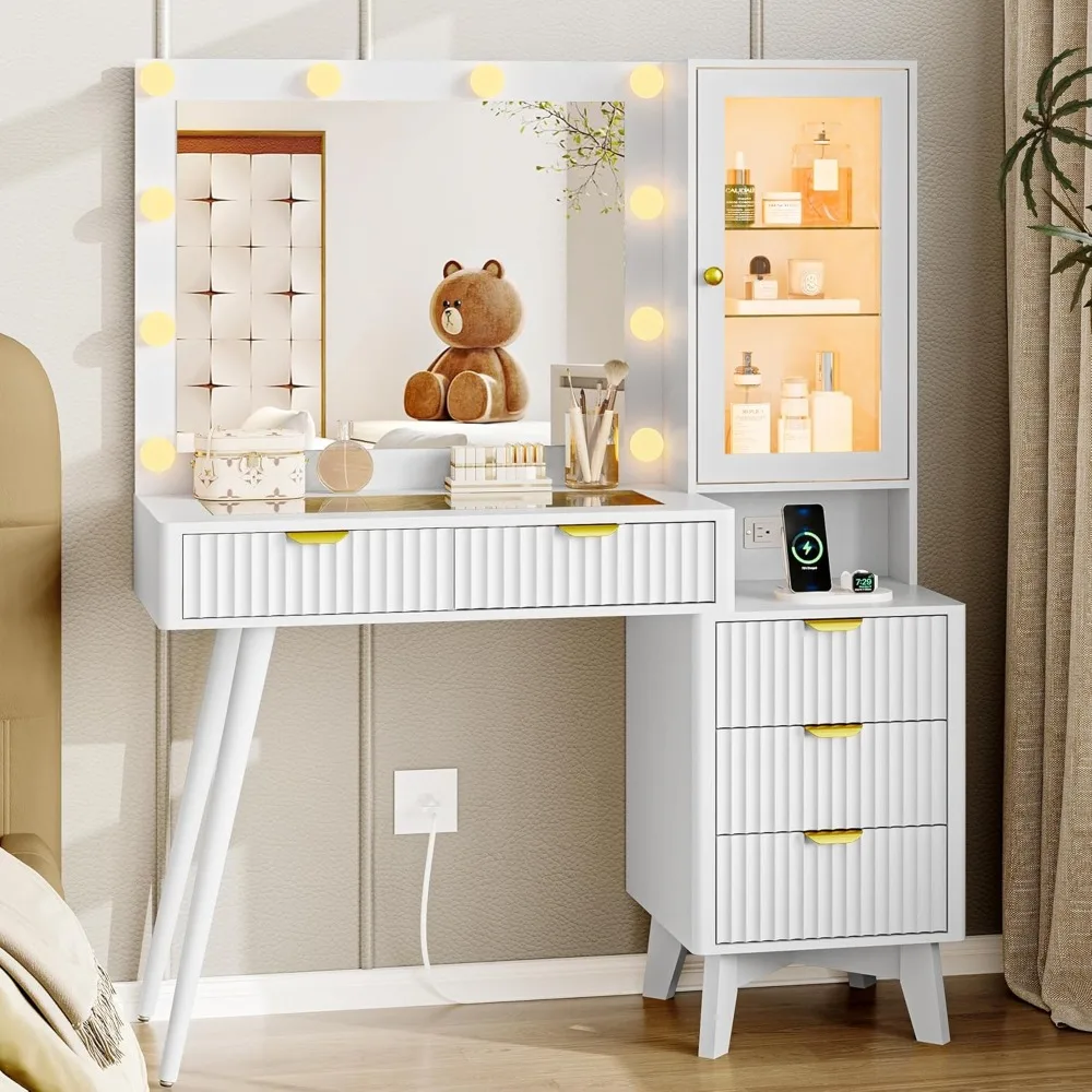 Mesa de vaidade canelada, espelho de maquiagem de 45