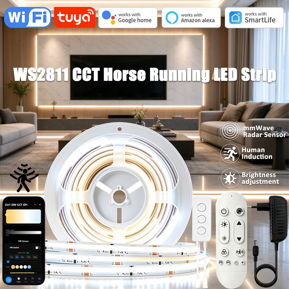 Tuya WIFI WS2811 COB CCT Horse Running Led Strip Sequential Water Flow Led Lights with PIR Motion Sensor Room Decor for Alexa