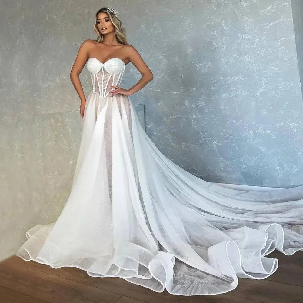 

Beaded Fabulous Wedding Dresses Sweetheart Necke Bridal Gowns Plus Size Pleated Sweep Train Tulle Boned Vestido De Novia