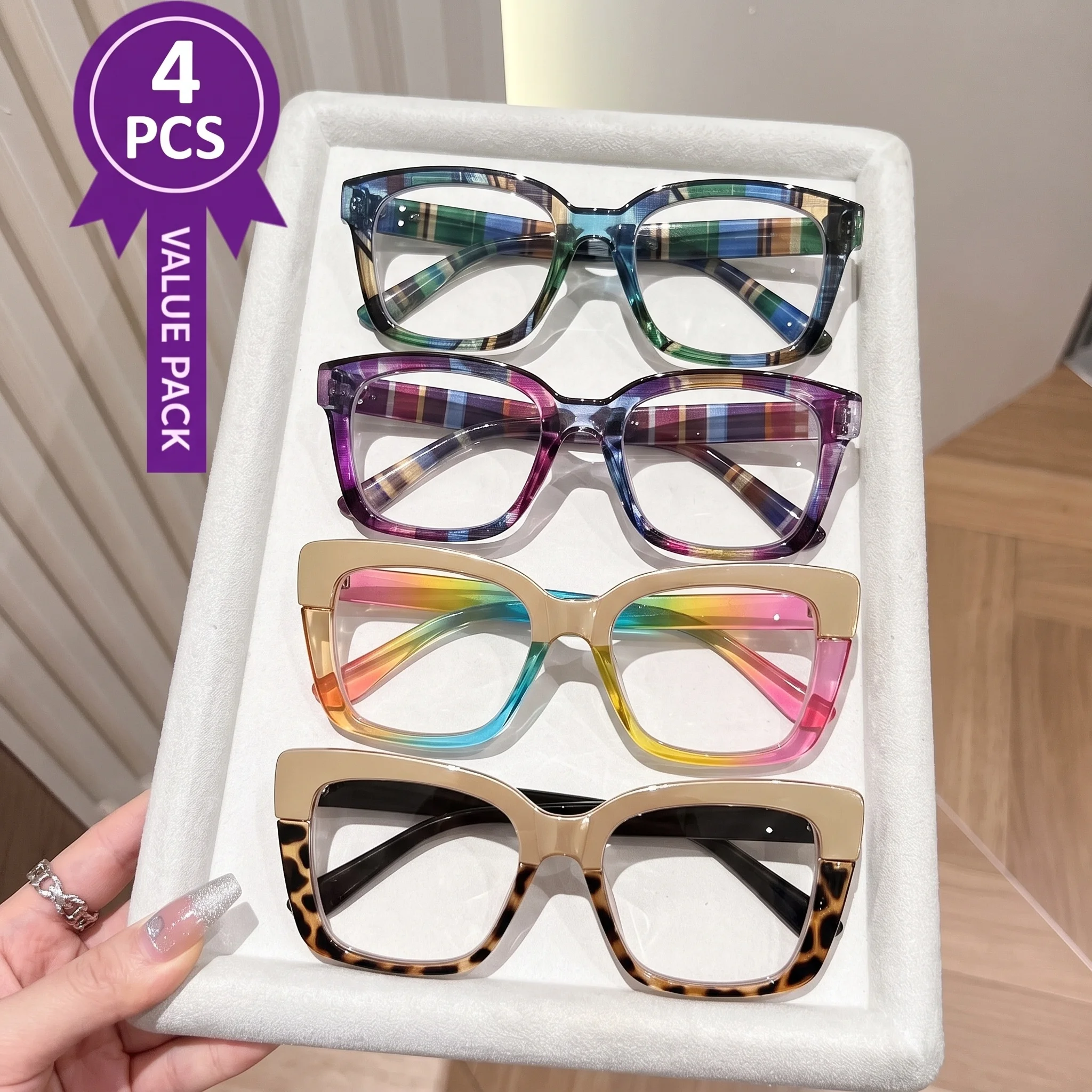 4-Pack of Stylish Classic Square High-End Spring Hinge Small Frame Trendy Eyeglasses for Enhancing Appearance and Reducing Age Appearance, High-Definition Reading Glasses, Lightweight and Portable, Suitable for Daily Use at Home, Office, or When Going Out, Available in Prescriptions from +1.0 to +4.0
