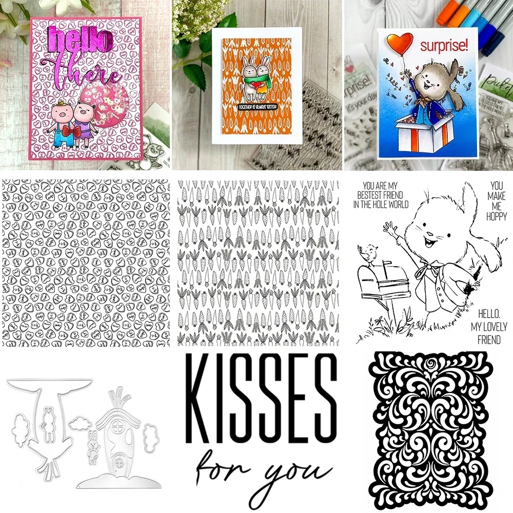 Osterhase Herz Karotten Doodle Hintergrund Klare Stempel Blumenkuss Worte Schneiden Stirbt Set für DIY Valentinstag Handwerk Kartenherstellung Neu