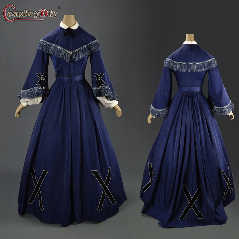 Movie Angels And Insects Matty Crompton Costume Ball Gown Historical Dress Dark Blue Period Gown White Collar and Flared Sleeves