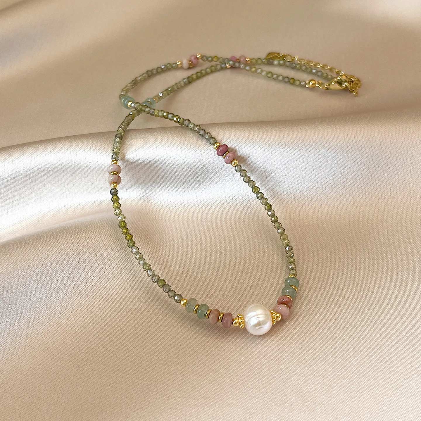 100% Natural Freshwater Pearl & Green Crystal Beads 14K Gold Filled Lady Short Chain Necklace Promotion Jewelry Women Gifts