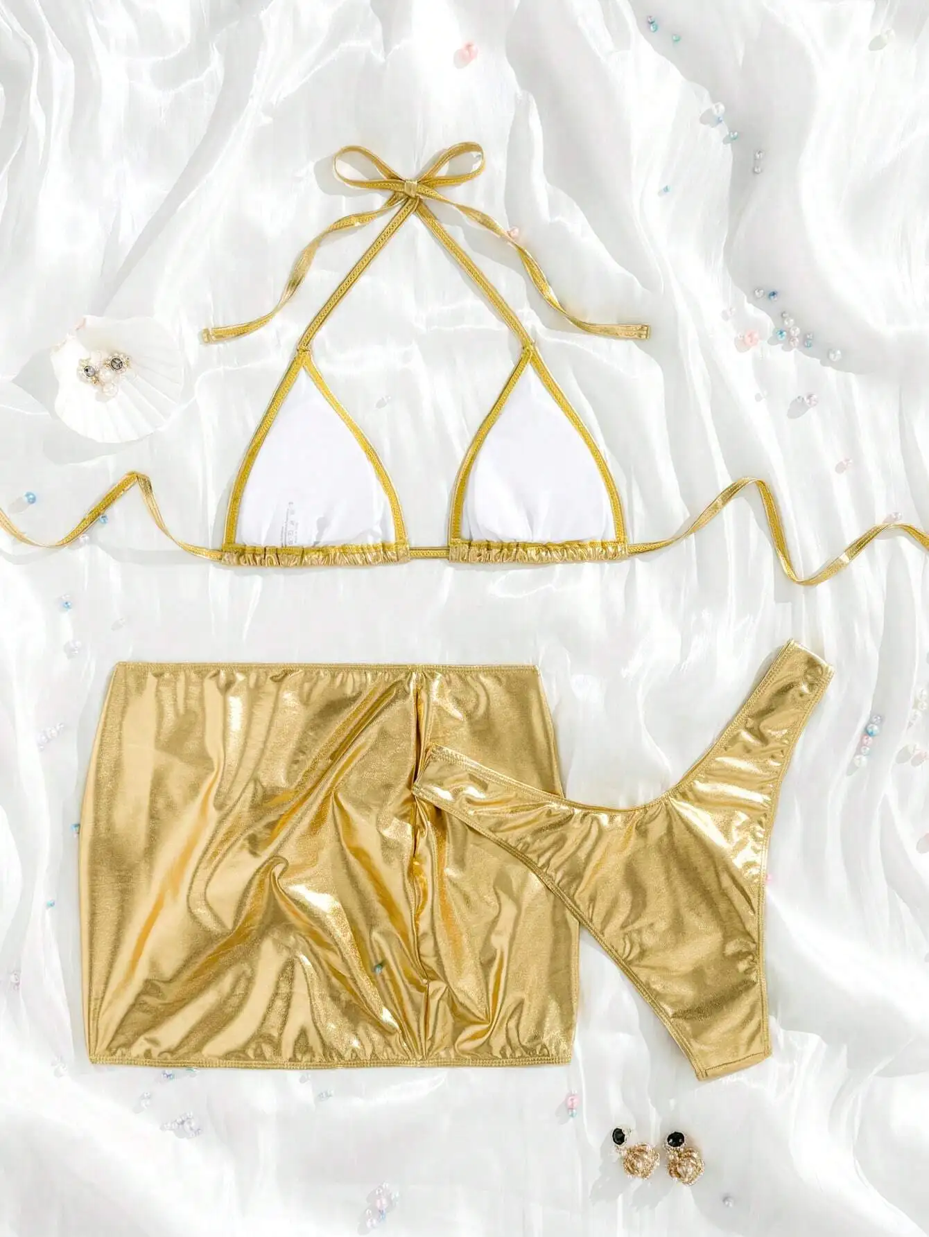 

Shiny Gold Metallic Triangle Bikini Top With Matching Skirt And Thong Three-Piece Swim Set