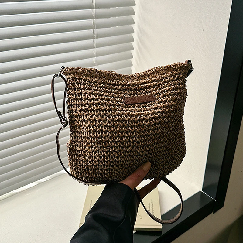 Fashion Straw Casual Crossbody Bag For Women Girls Versatile Beach Holiday Handmade Woven Shoulder Handbag Crossbody Bag