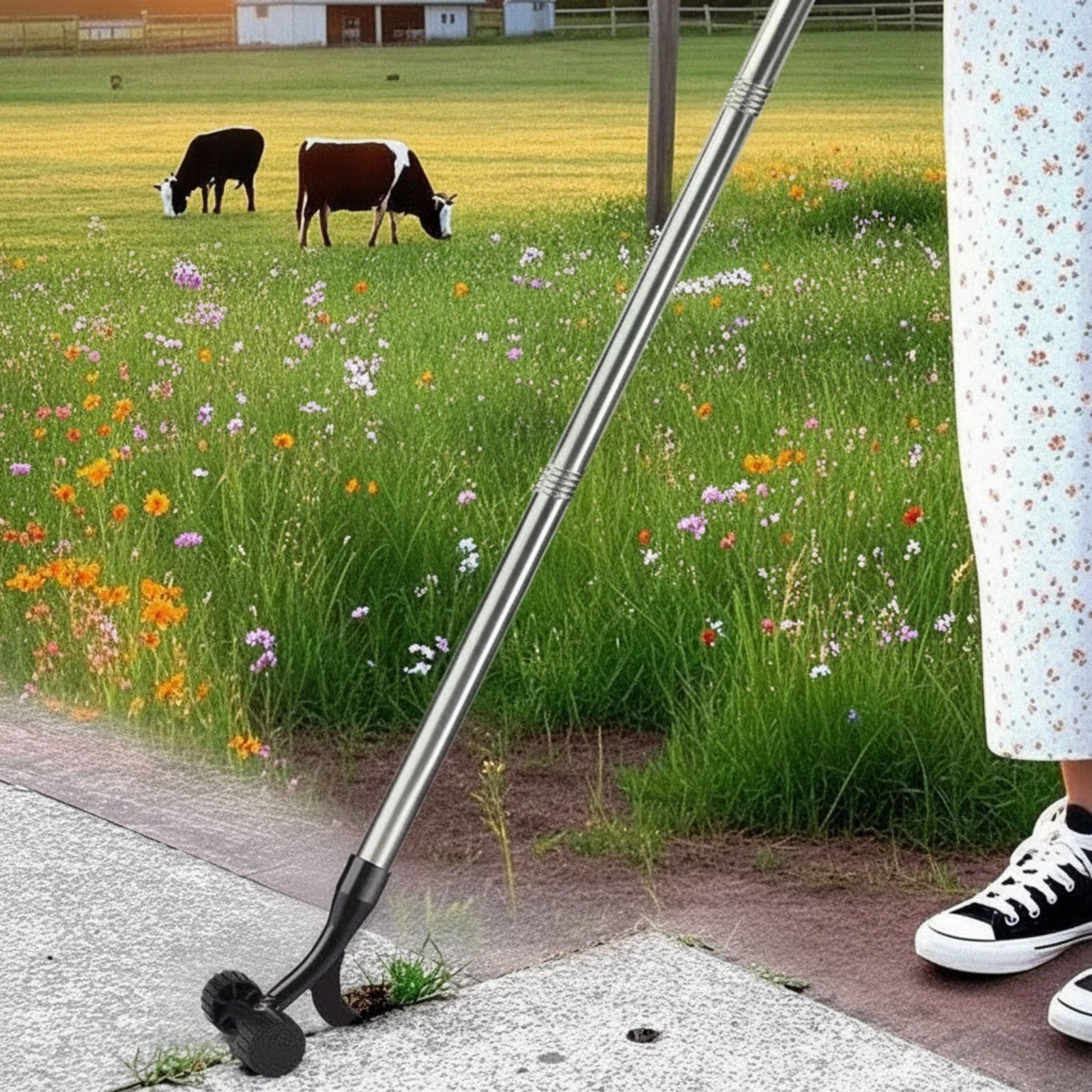 Crack Weeding Tool Stand-up Unwanted Growth Remover with Wheels Weeder Manual for Gardeners, Walkway, Patio