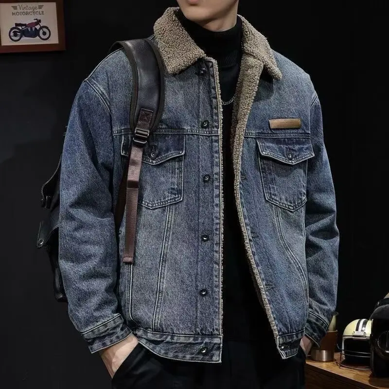 2026 Autumn and Winter Men's New Denim Jacket Fleece Thickened Retro Loose Casual Jacket
