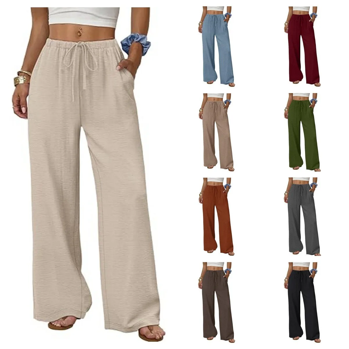 

Women Summer Pants Loose Fit Solid Color Women's Trousers Mid Waist Lightweight Wide Leg Pants Beige Blue Olive Green Pants