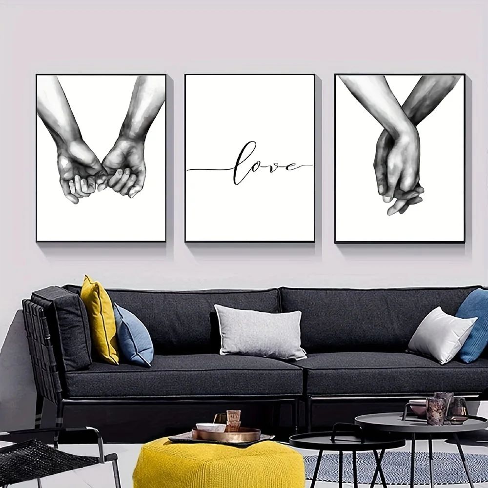 3 Stück schwarz-weißes minimalistisches Paar mit Händen, rahmenlose Leinwand, Liebestext und Linie, Kunst, Herz-Poster, Heimdekoration für Wohnzimmer