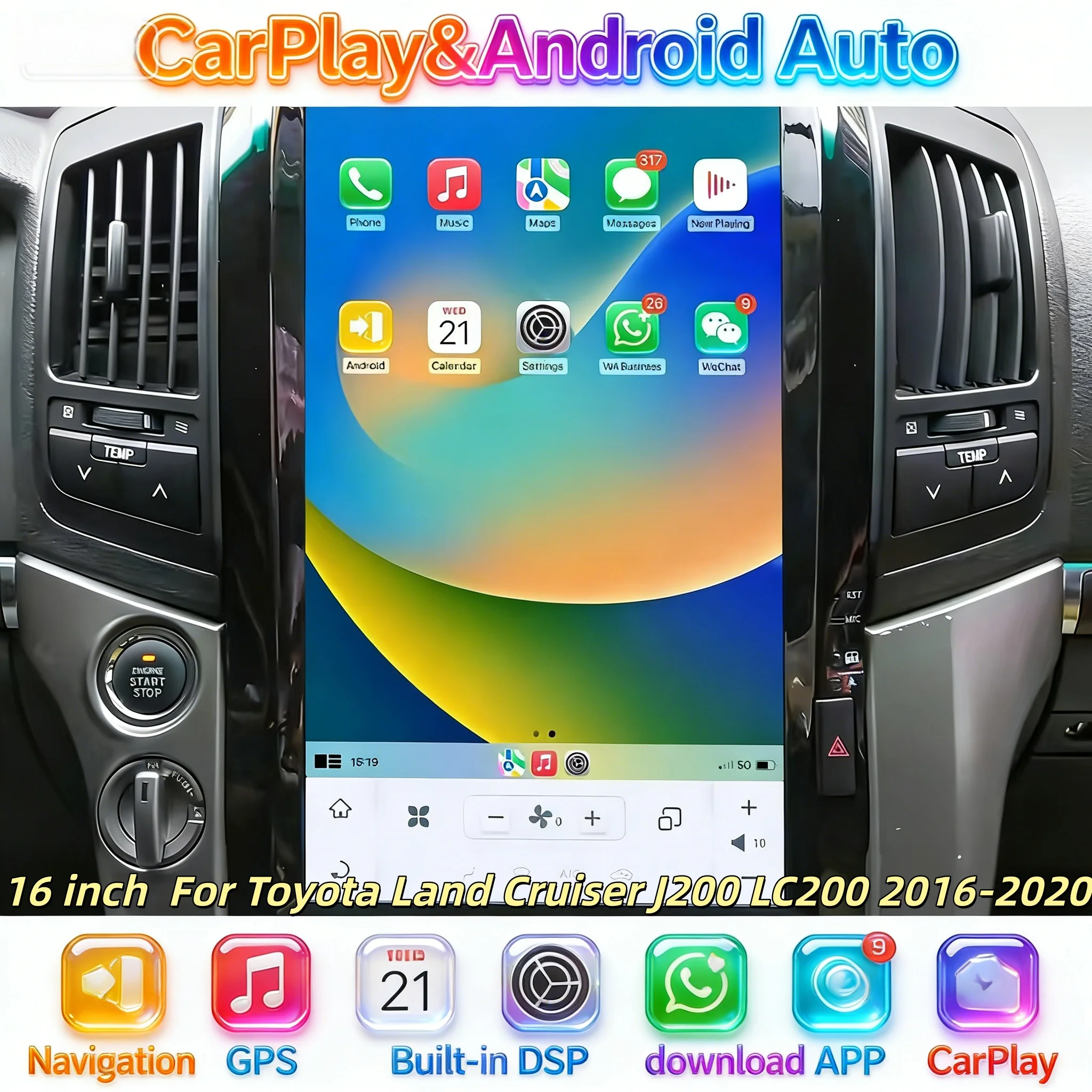 16 inch Multimedia Android 13 Bluetooth 5.0 Stereo For Toyota Land Cruiser J200 LC200 2016-2020 Wireless CarPlay GPS Navigation