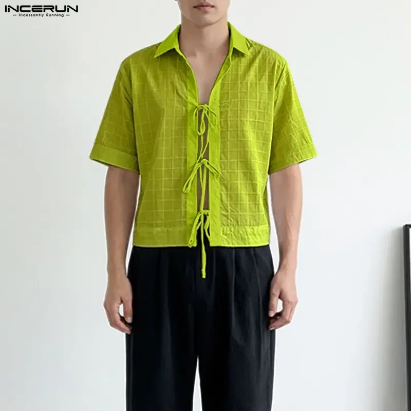 

INCERUN Men's Shirt Plaid Patchwork Lapel Short Sleeve Lace Up Tops For Man Camisa Streetwear 2026 Fashion Casual Men Clothes