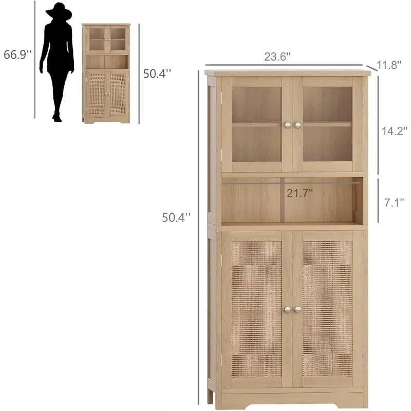 Irontar Rattan Bathroom Storage Cabinet with Open Shelf, Large Display Cabinet, Kitchen Pantry Cabinet, 11.8