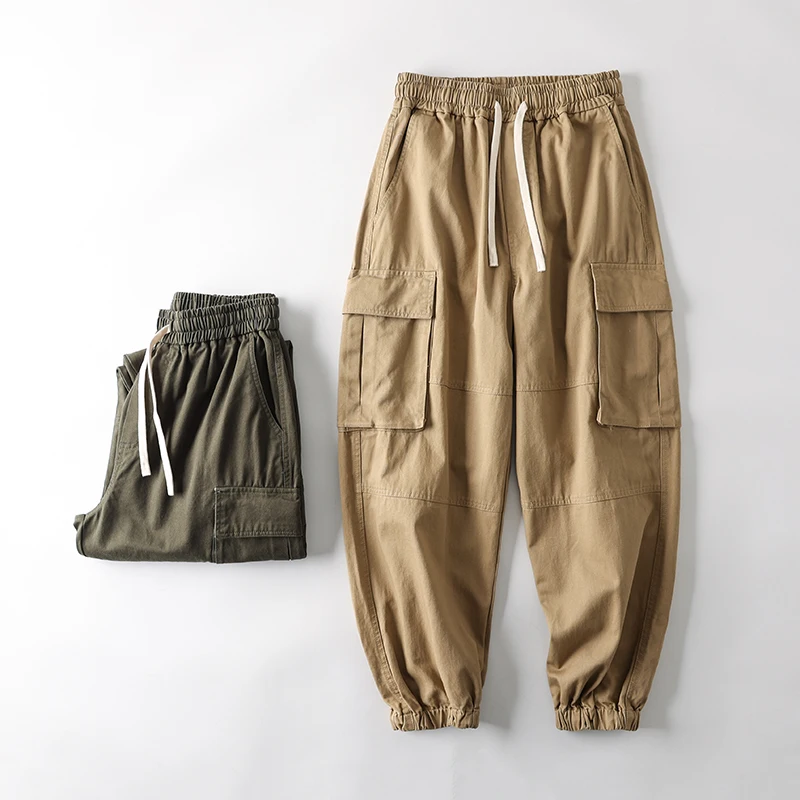 

Японские хлопковые рабочие брюки с эластичным поясом, свободного кроя, прямые, повседневные, дышащие, весна-осень