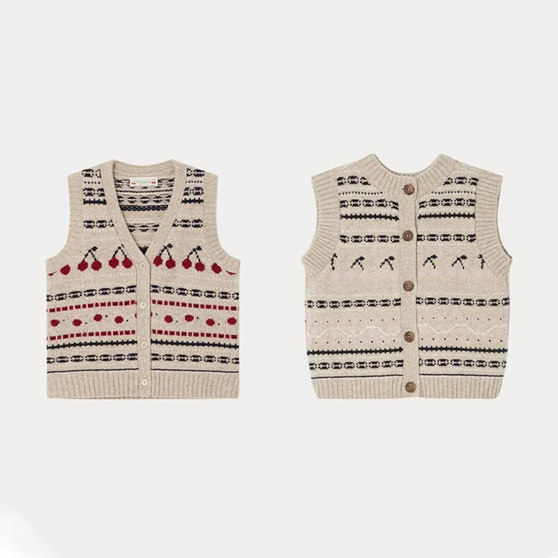 BP2023  Autumn Winter Wool Knitted Sweater Girls Cherry Vest Children Tops 2-12Y