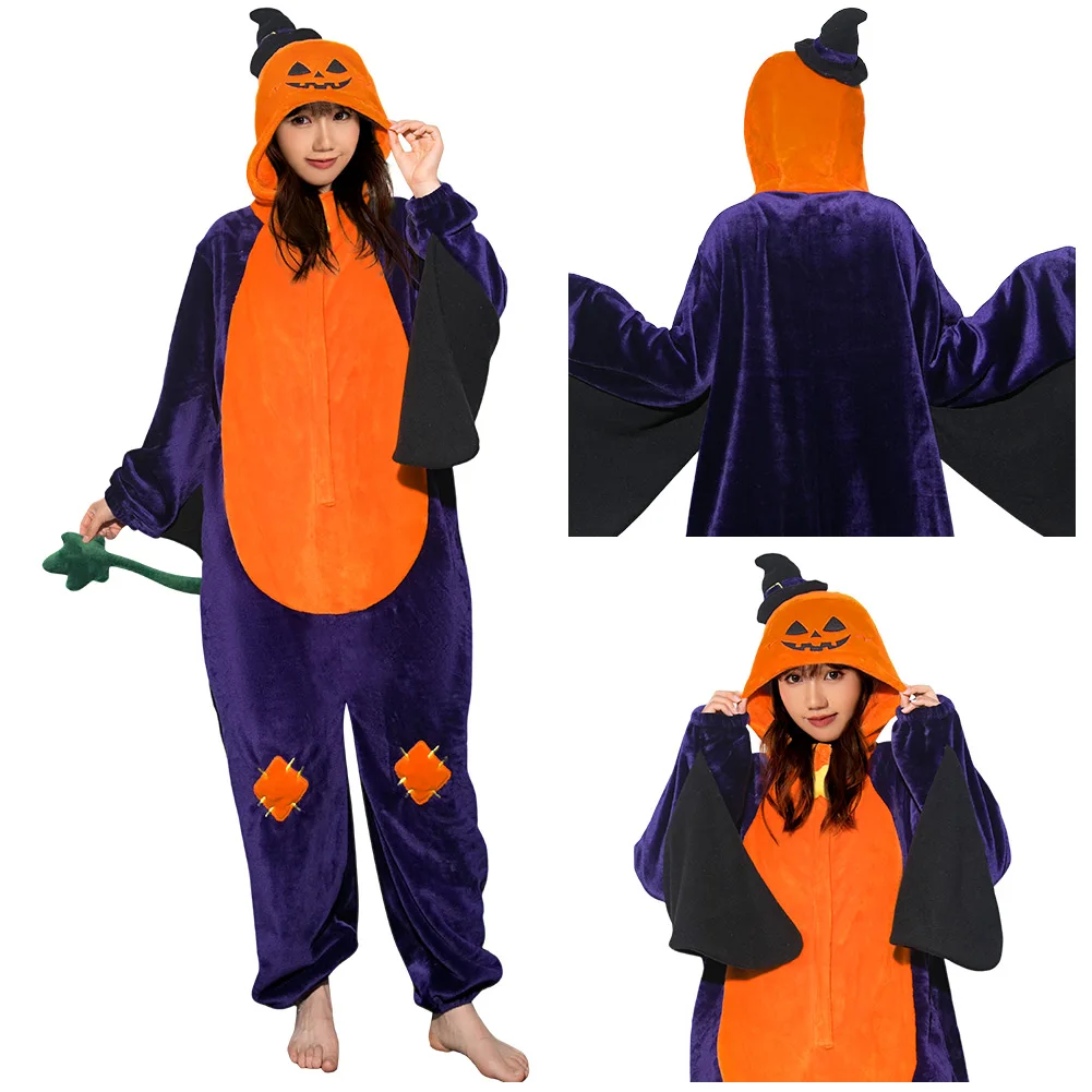 OLAOLA Sleepwear Adult Cartoon Pumpkin Cosplay Costume Women Hooded Jumpsuit Onesies Outfits Halloween Carnival Party Suit