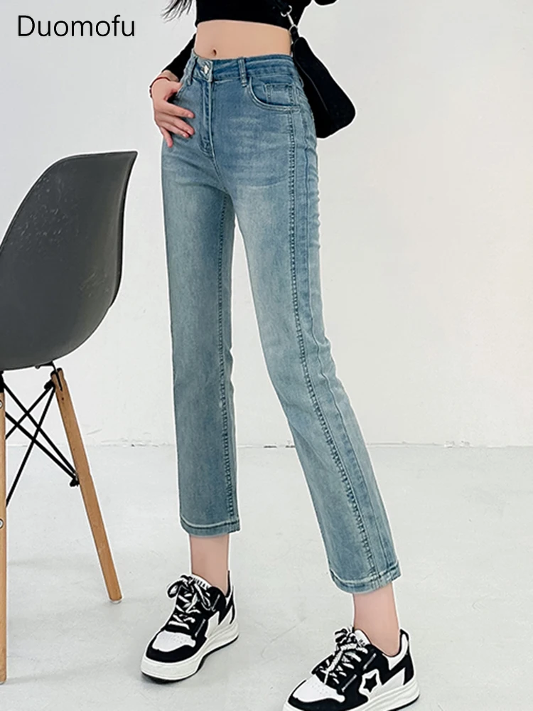 Duomofu-Jeans reto de cintura alta feminino, calça fina, calça recortada, botão de zíper, simples e chique, moda clássica e solta, casual e simples, outono