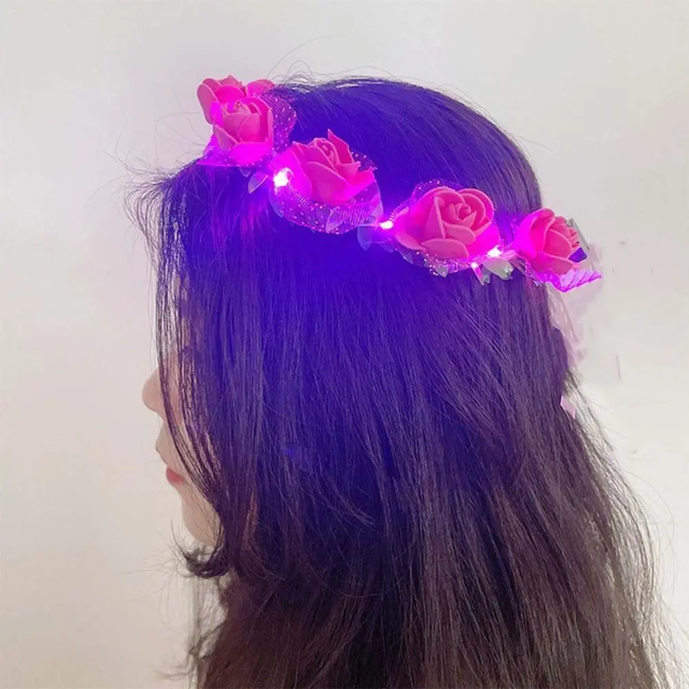 

Sweet Simulation Rose Flower Wreath Headband Luminous LED Light Flower Crowns Wreath Decoration Cloth Glowing Wreath For Bride